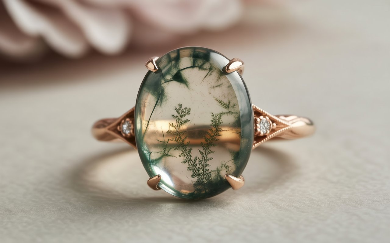 moss agate engagement ring