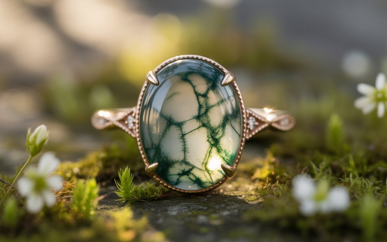moss agate engagement ring